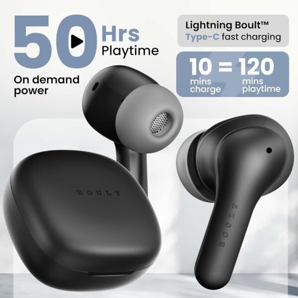 Boult K10 Truly Wireless Bluetooth In Ear Earbuds with 50H Playtime, 4 Mic Clear Calling45ms Low Latency, 10mm Drivers, Touch Controls, Type-C Fast Charging, IPX5, TWS Ear buds Wireless (Pure Black)