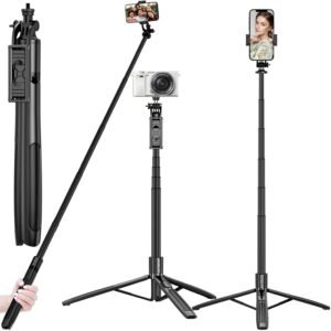 Mobilife Long Selfie Stick Tripod 61" Extended Bluetooth Remote Aluminum Mobile Tripod for iPhone Android Vlogging Live Streaming Travel 1/4" Screw for Camera Ring Light (Standard)